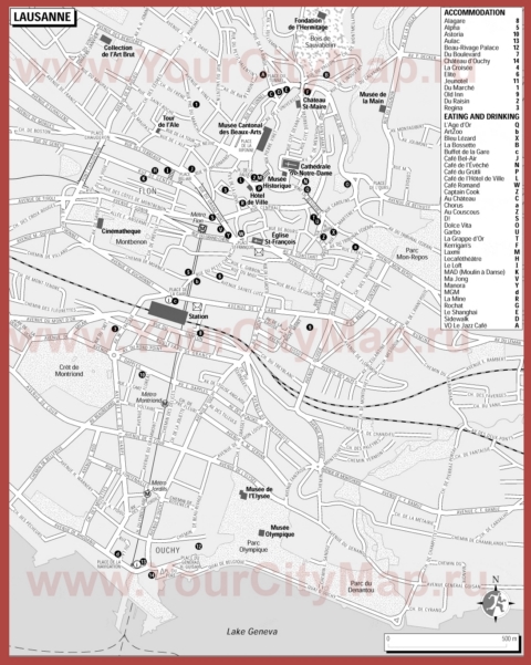 Туристическая карта Лозанны с отелями и ресторанами