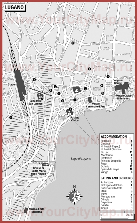 Туристическая карта Лугано с отелями и ресторанами