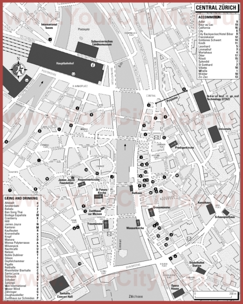 Туристическая карта Цюриха с отелями и ресторанами