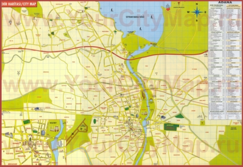Подробная туристическая карта города Адана с отелями, достопримечательностями и магазинами