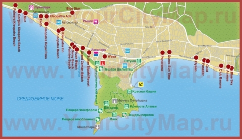 Туристическая карта побережья Алании с отелями и достопримечательностями