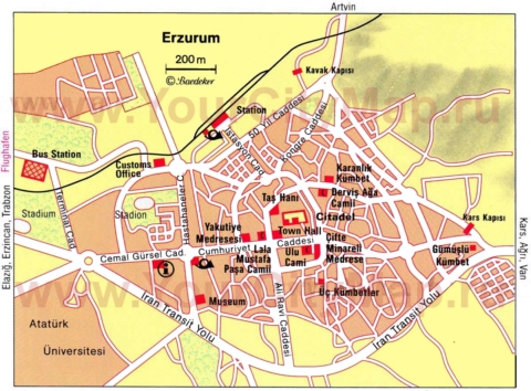 Карта центра Эрзурума с достопримечательностями