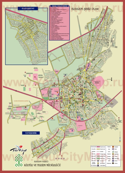 Подробная туристическая карта города Эрзурум с отелями