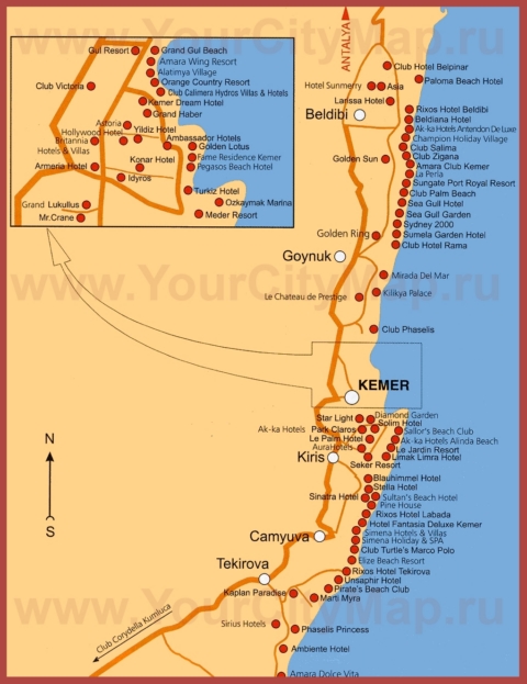 Карта курортов побережья Кемера с отелями
