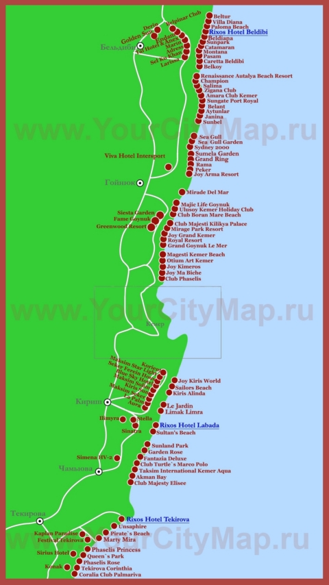 Карта отелей Кемера на русском языке