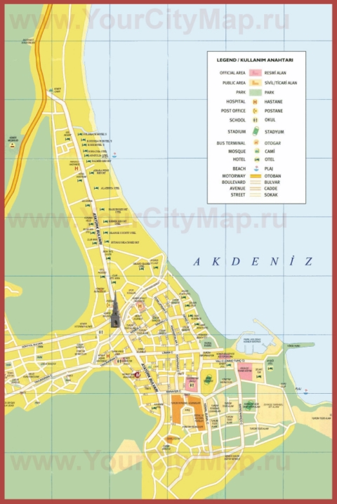 Подробная туристическая карта города Кемер с достопримечательностями