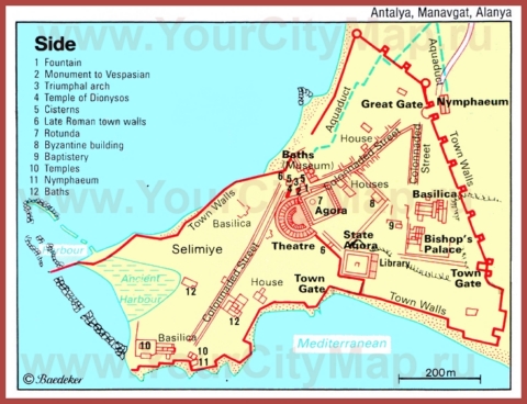Карта центра Сиде с достопримечательностями