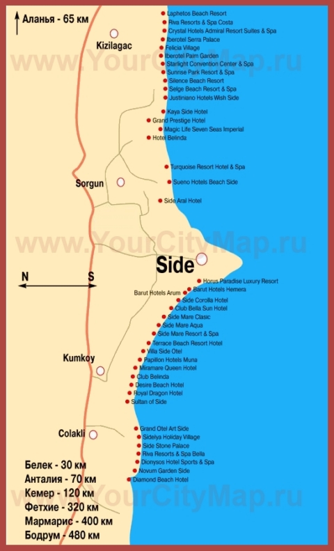 Карта отелей Сиде