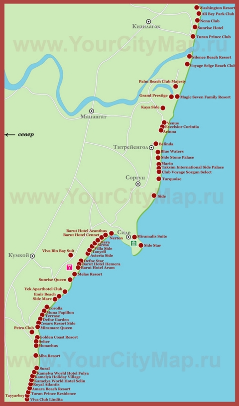 Карта побережья Сиде с курортами и отелями